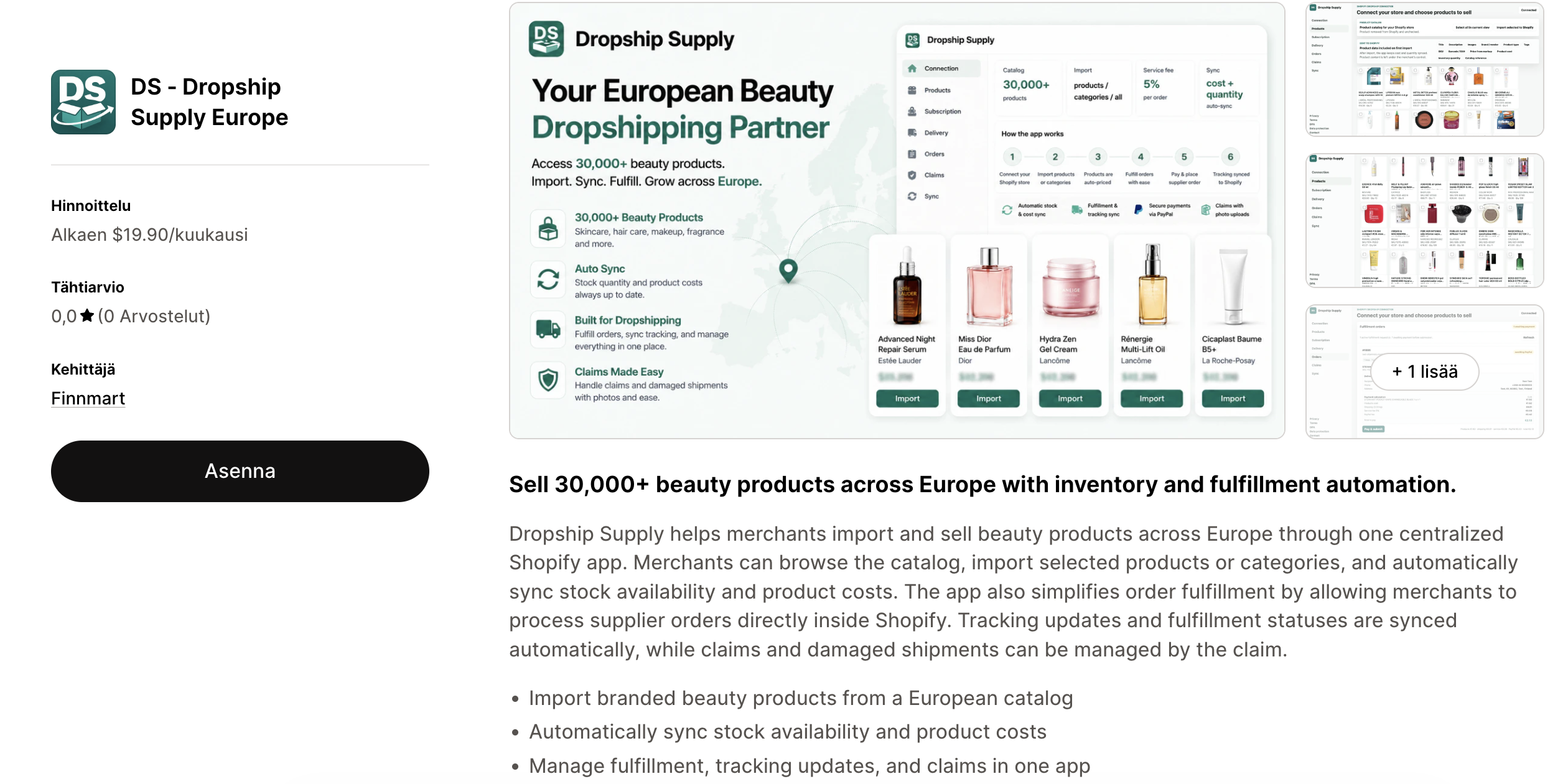 Dropship Supply Europe Shopify app listing with beauty product catalog screenshots