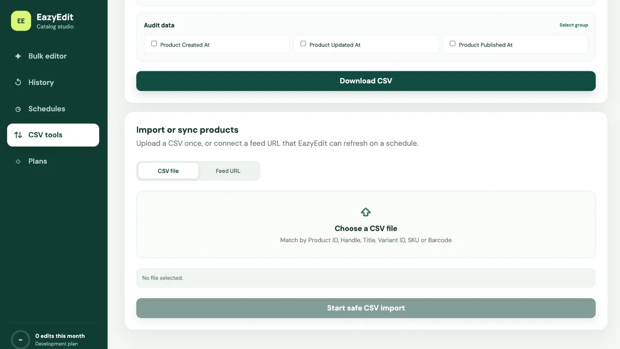 Import CSV data, map columns, and schedule recurring feed updates.