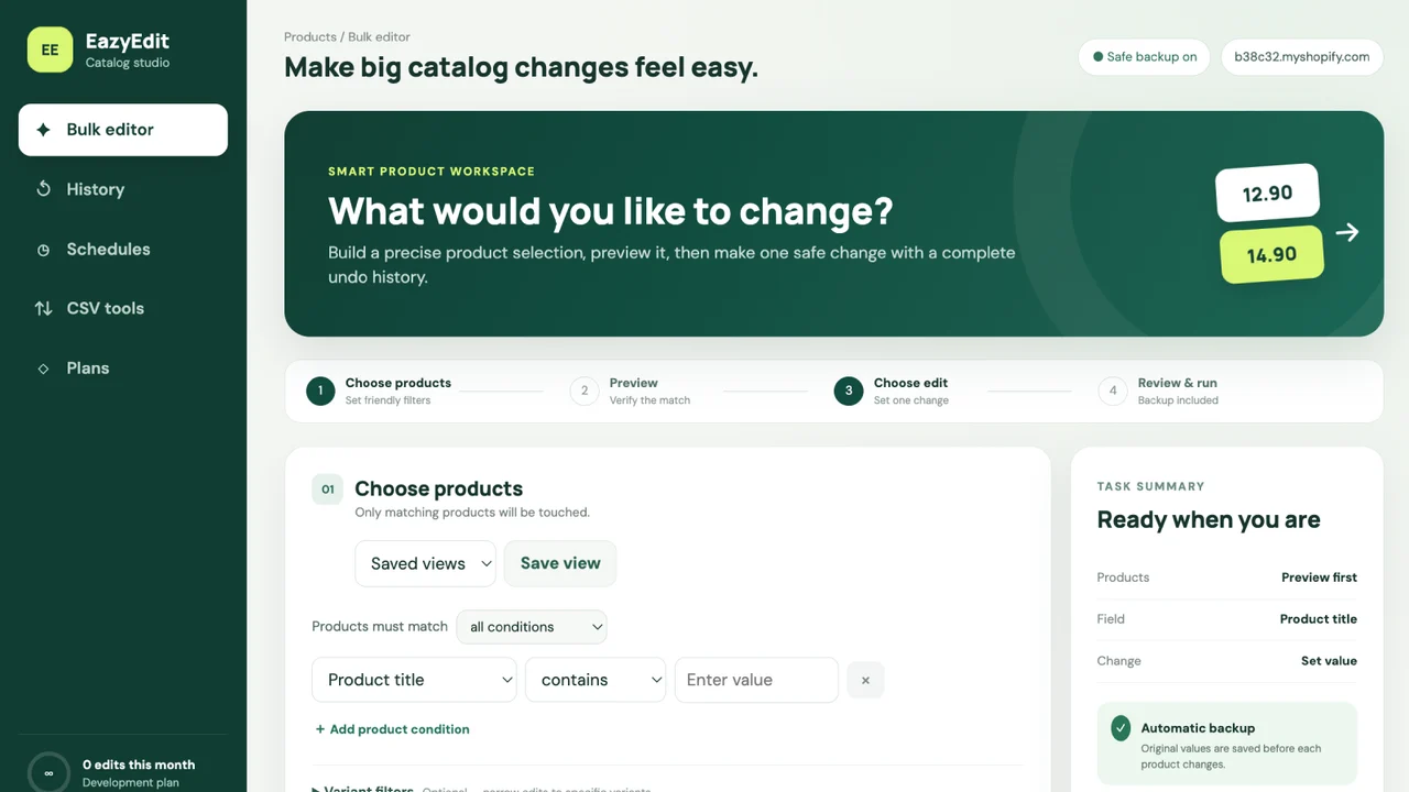Filter the catalog and preview matching products before editing.