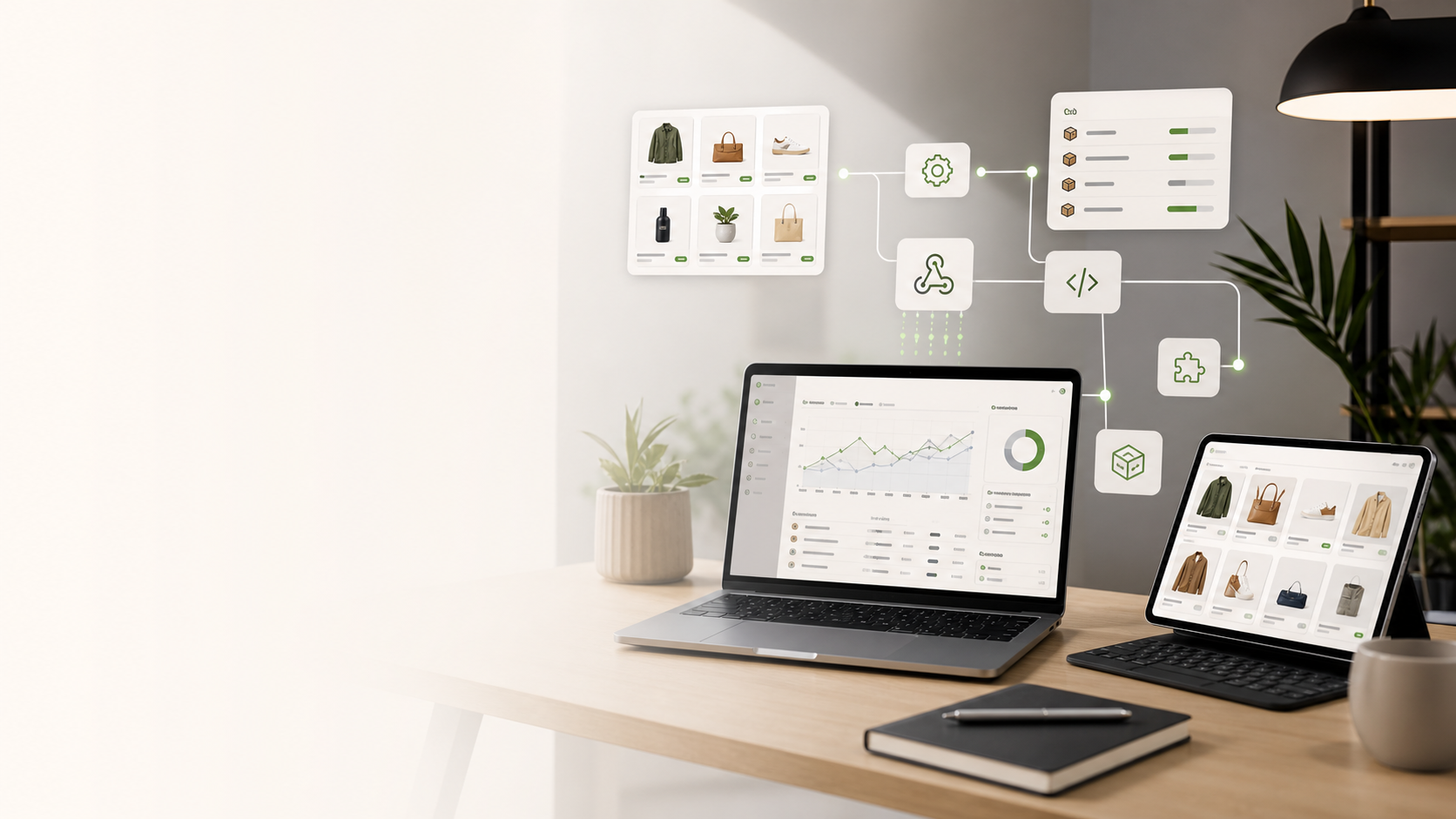 Ecommerce integration dashboard with product cards, API modules, and supplier data